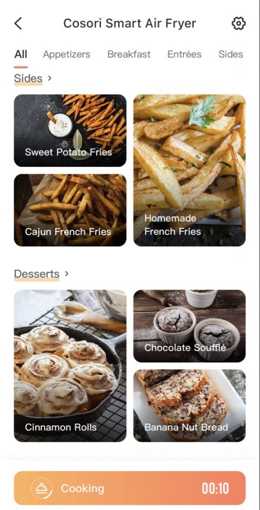 Schermata delle ricette dell'app Friggitrice ad aria Cosori