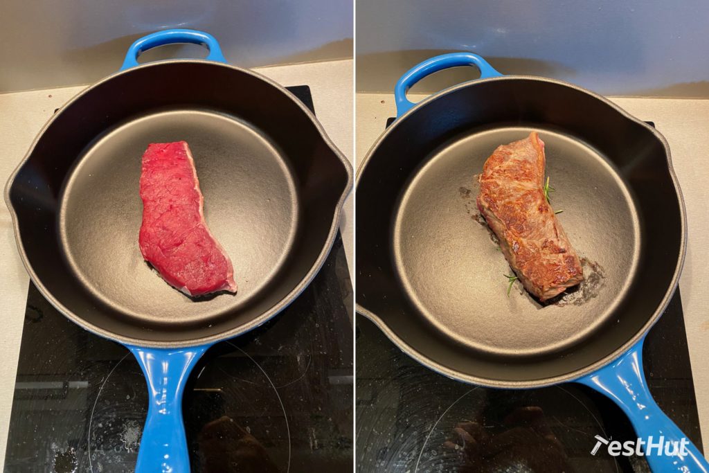 Frying pan Le Creuset cooking steak